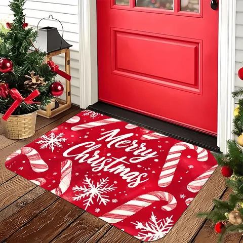 Christmas Floor Mat Non-Slip Welcome Doormat Polyester Printed Holiday Festive Decorative Area Rug For Home Entrance Porch Living Room Indoor Outdoor Decoration