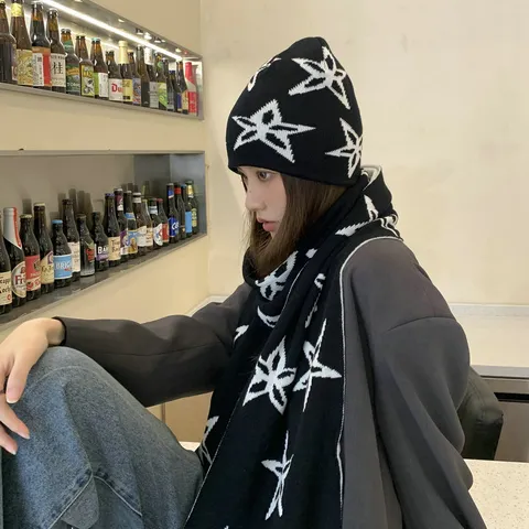 Invierno Cálido Gorro De Punto Y Conjunto De Bufanda Unisex pasamontañas Patrón De Estrellas Gorro De Lana Moda Ropa A Prueba De Frío