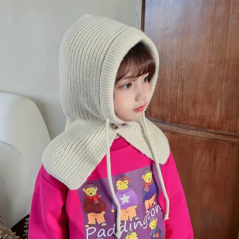 Kids Winter Warm Knitted Hood Scarf Set Cute Solid Color Windproof Ear Protection Beanie Hat For Toddler Boys Girls