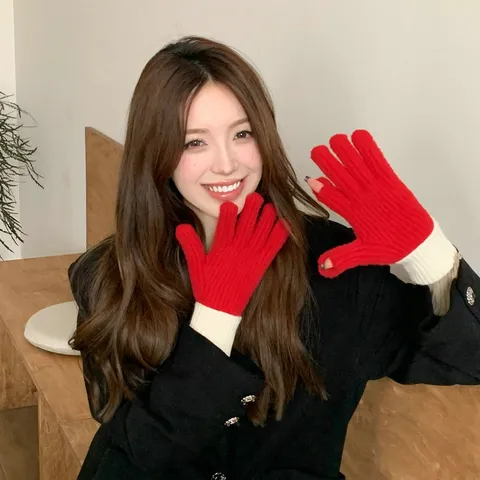 Women Winter Knit Yarn Warm Gloves Casual Color Block Touchscreen Full Finger Gloves Outdoor Thickened防寒手套