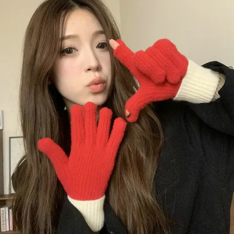 Women Winter Knit Yarn Warm Gloves Casual Color Block Touchscreen Full Finger Gloves Outdoor Thickened防寒手套