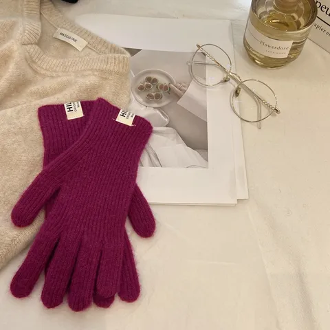Guantes de Mezcla de Lana Cálidos de Invierno para Mujer Pantalla Táctil Sin Dedos Color Sólido Moda Exterior