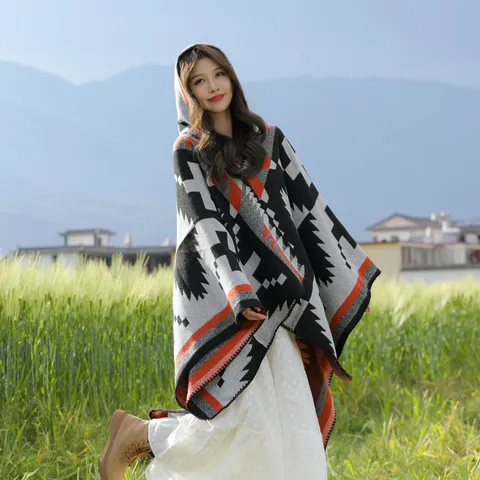 Vrouwen Etnische Stijl Geometrisch Patroon Gebreide Capuchon Mantel Sjaal Franje Warme Winter Reizen Bovenkleding