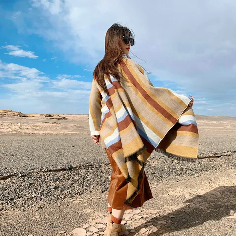 Women Fashional Imitation Cashmere Shawl Ethnic Style Geometric Striped Thermal Cape Winter Travel Warm Poncho