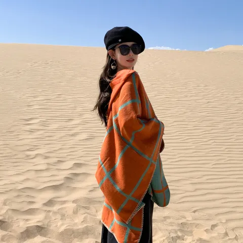 Mantello con Cappuccio a Quadri in Stile Etnico Donna Autunno Inverno Poncho Caldo Ispessito Scialle Sciarpa Avvolgente per Viaggi