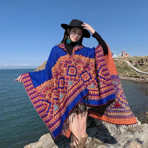 Vintage Ethnic Floral Hooded Poncho Faux Cashmere Tassel Cape Warm Open Front Wrap Cardigan For Women Travel Outerwear