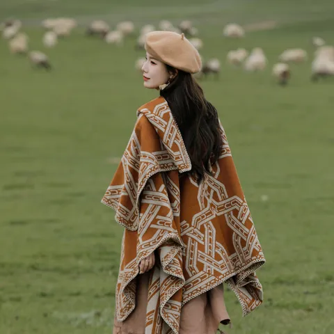 Bohemian Geometric Striped Faux Cashmere Shawl Cloak Thick Warm Split Poncho Wrap Cape Fringe Cardigan For Women Travel Holiday Daily