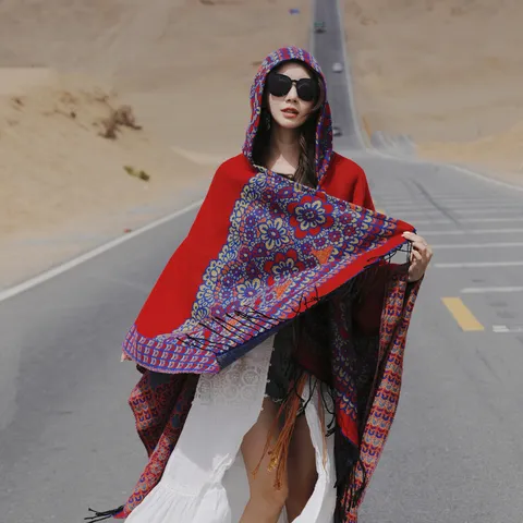 Vintage Ethnic Floral Hooded Poncho Faux Cashmere Tassel Cape Warm Open Front Wrap Cardigan For Women Travel Outerwear