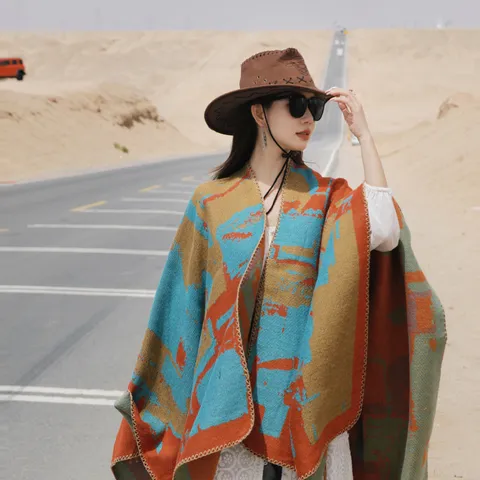 Bohemian Geometric Pattern Imitation Cashmere Shawl Poncho With Tassel Split Thick Warm Cape For Women Travel Outdoor Gift