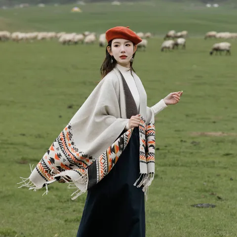 Poncho Scialle da Donna in Simil-Cashmere Etnico Vintage Mantella Spaccata Geometrica a Strisce Doppia Faccia Con Nappine Inverno