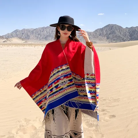 Poncho Scialle da Donna in Simil-Cashmere Etnico Vintage Mantella Spaccata Geometrica a Strisce Doppia Faccia Con Nappine Inverno