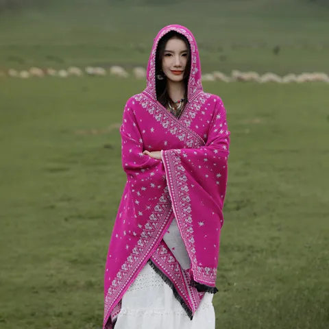 Damen Ethno-Umhang mit Kapuze Sternenmuster Quasten-Poncho Pashmina-Schal Vintage Jacquard Warme Winddichte Oberbekleidung Reise-Foto-Requisite