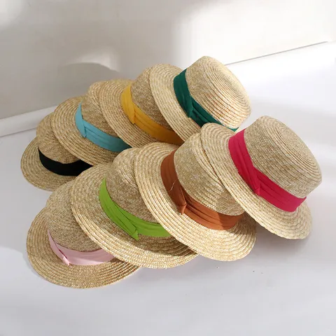 Damen Strohhut Flacher Deckel Boater Sommer Strand Sonnenhut Mit Dreifach Gefaltetem Band Breite Krempe Atmungsaktiver Sonnenschutzhut Für Urlaub