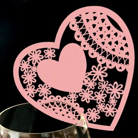 Tarjetas de Lugar Forma Corazón Corte Láser Decoración Boda Papel Perlado Calado Tarjetas de Copa Para Mesa Decoración Cristal