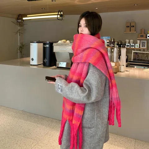 Sciarpa Vintage Sfumata a Blocchi di Colore Con Nappe da Donna Invernale Calda Simil Cachemire Scialle in Maglia di Acrilico