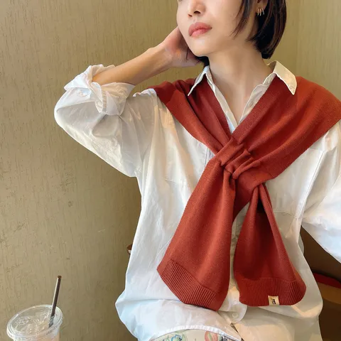 Korean Style Knitted Scarf Shawl For Women Solid Color Warm Faux Collar Cross Wrap Decorative Outerwear Autumn Winter Accessory