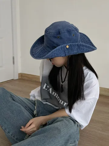 Vintage Washed Denim Western Cowboy Hat For Men Women Outdoor Hiking Fishing Sun Protection Wide Brim Bucket Hat With Windproof Rope