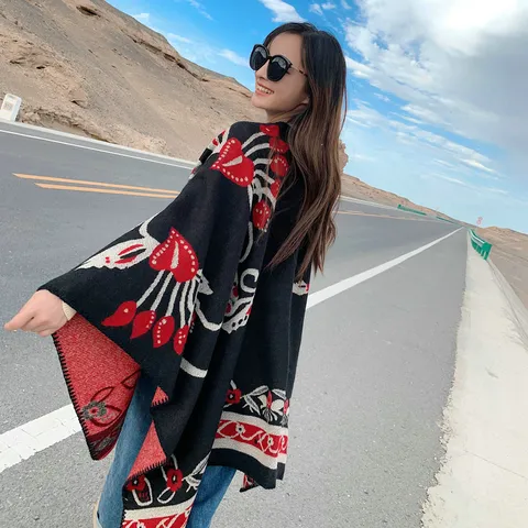 Women Fashional Imitation Cashmere Shawl Ethnic Style Geometric Striped Thermal Cape Winter Travel Warm Poncho