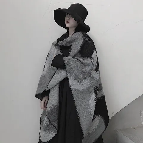 Scialle in Imitazione Cashmere Tie-Dye Stile Occidentale da Donna Poncho con Spacco Doppio Lato Mantella Inverno Caldo Sciarpa Oversize