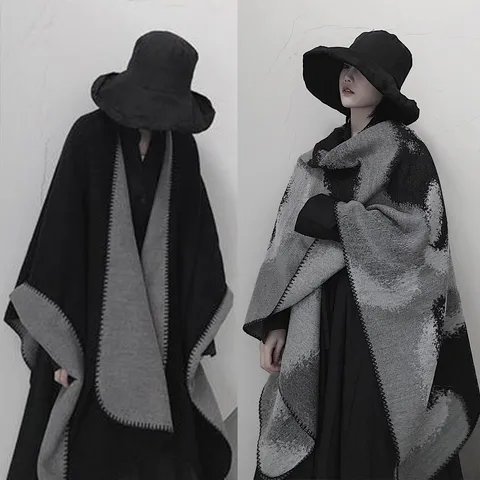 Scialle in Imitazione Cashmere Tie-Dye Stile Occidentale da Donna Poncho con Spacco Doppio Lato Mantella Inverno Caldo Sciarpa Oversize