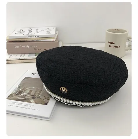 Béret en Laine Chic pour Femmes Élégant Perle Strass Décoré Casquette Peintre Français Hiver Automne Mode Coiffure