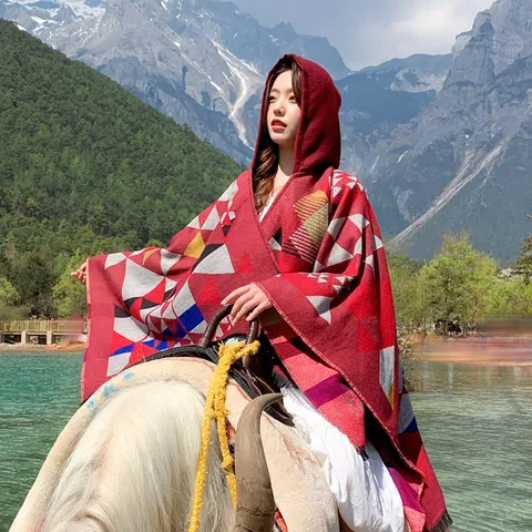 Ethisches Geometrisches Muster Mit Kapuze Quaste Imitat Kaschmir Umhang Sch shawl Damen Reisen Warme Poncho Decke Schal