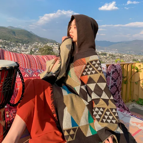 Ethisches Geometrisches Muster Mit Kapuze Quaste Imitat Kaschmir Umhang Sch shawl Damen Reisen Warme Poncho Decke Schal
