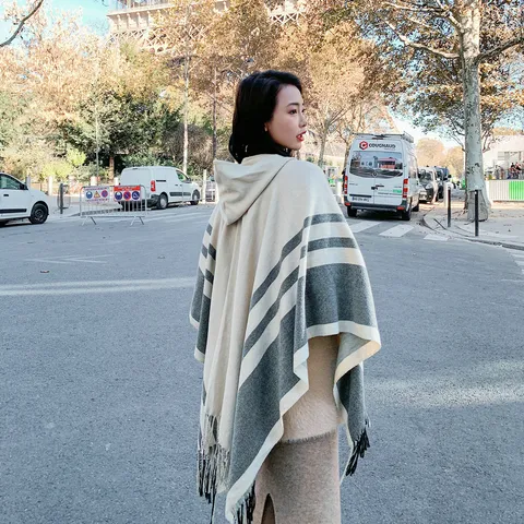 Women's Hooded Faux Cashmere Shawl Retro Striped Tassel Cloak Warm Winter Blanket Oversized Poncho Scarf