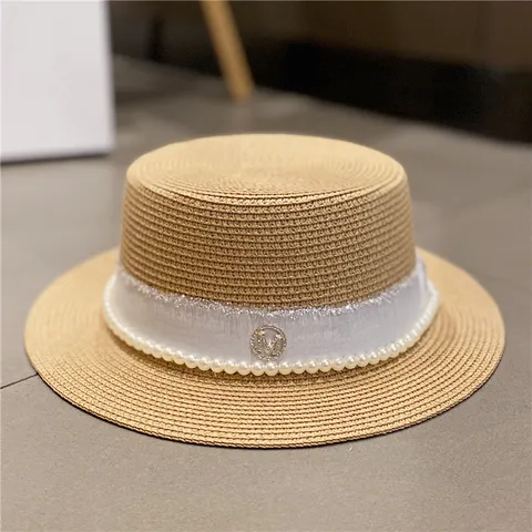 Femmes Été Chapeau de Paille Style Français Hepburn Protection Solaire Chapeau de Plage Avec Perle Strass Ruban Mode Dames Chapeau Fedora