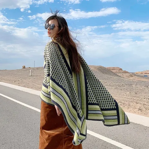 Damen Vintage Ethisch Karo Schal Herbst Winter Warm Jacquard Cape Lässig Outdoor Reisen Fransen Wickelschal