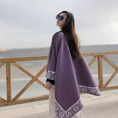 Damen Vintage Ethisch Karo Schal Herbst Winter Warm Jacquard Cape Lässig Outdoor Reisen Fransen Wickelschal