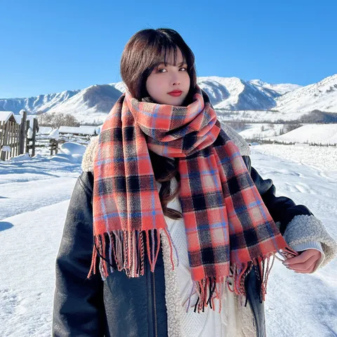 Écharpe Chaud d'Hiver en Mélange de Laine pour Femmes Imprimé Tartan à Carreaux Chale à Glands Mode Quotidien Décontracté