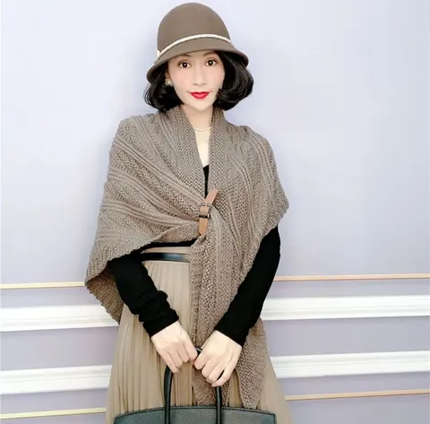 Women Knitted Triangle Shawl Wrap Leather Buckle Split Thickened Poncho Cape Autumn Winter Warm Elegant Solid Color Soft Scarf