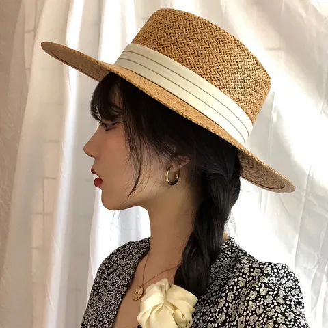 Chapeau de Paille Plat Vintage Français pour Femme Été Plage Protection Solaire Large Bords Ruban Paille Tissée Chapeau Décontracté