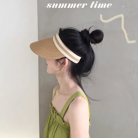 Damen Koreanischer Stil Papierstroh Sonnenhut Faltbar Oben Offen Schattenspender Gestreiftes Stirnband Sommer Sonnenschutz Strandstrohhut