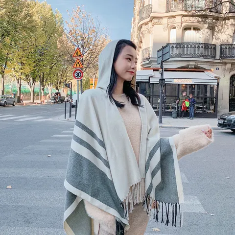 Women's Hooded Faux Cashmere Shawl Retro Striped Tassel Cloak Warm Winter Blanket Oversized Poncho Scarf