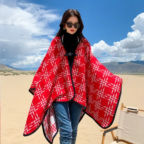 Thickened Warm Imitation Cashmere Shawl Women Vintage Ethnic Plaid Button Cape Outdoor Travel Winter Scarf