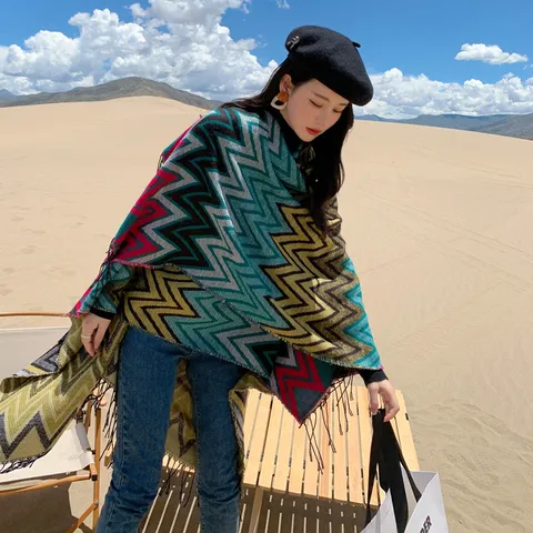 Bohemian Wave Pattern Split Cape Thickened Warm Imitation Cashmere Shawl Travel Poncho Outerwear For Women