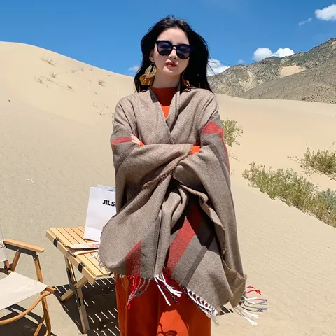 Bohemian Wave Pattern Split Cape Thickened Warm Imitation Cashmere Shawl Travel Poncho Outerwear For Women