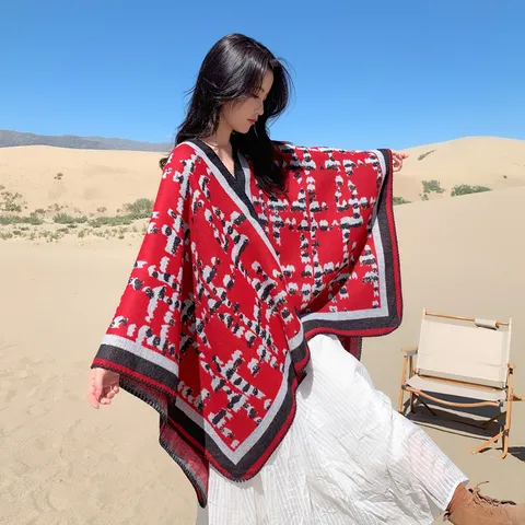 Herbst Winter Damen Offene Vorderseite Cape Faus Kaschmir Verdickt Warm Schal Geometrisches Karo Decke Wrap