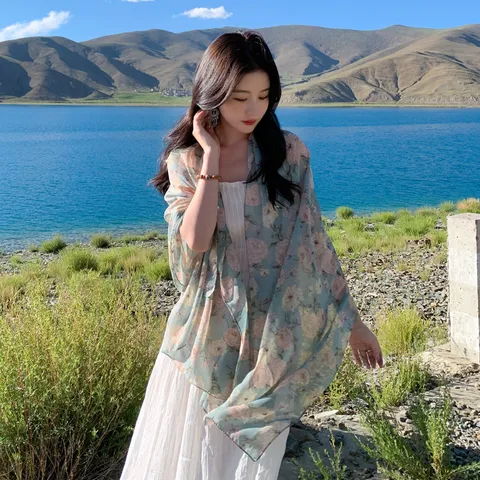 Women's Summer Beach Vacation Sun Protection Scarf Fashion Floral Print Satin Long Shawl Lightweight Soft Head Wrap