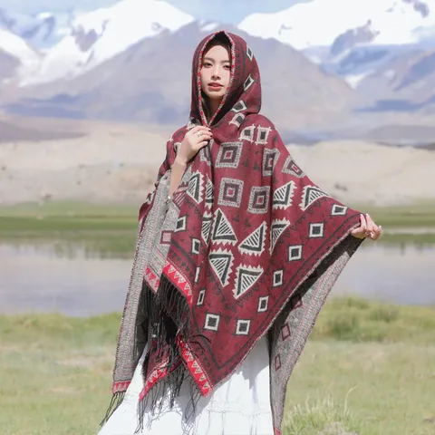 Damen Ethischer Stil Mit Kapuze Gestreickter Schal Winter Warm Quwasten Offene Front Umhang Geometrisches Muster Mode Oberbekleidung