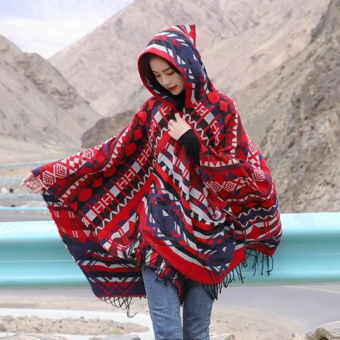 Damen Ethischer Stil Mit Kapuze Gestreickter Schal Winter Warm Quwasten Offene Front Umhang Geometrisches Muster Mode Oberbekleidung