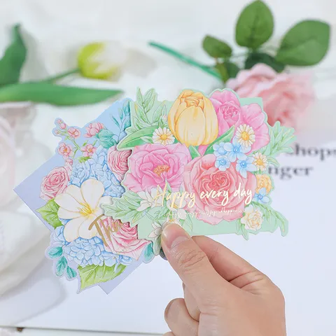 Gold Stamping Flower Shaped Greeting Card Floral Bouquet Design Folded Card For Mother's Day Valentine's Day Gift Giving Card Floral Decoration