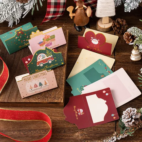 Creative Christmas Folding Greeting Cards With Envelopes Bronzing Holiday Gift Cards For Xmas Party Decoration Santa Snowman Tree Wreath Patterns