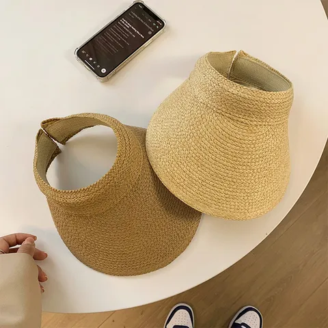 Women Raffia Empty Top Sun Hat Wide Brim UV Protection Hand Woven Summer Beach Visor Foldable Casual Fashion Straw Hat