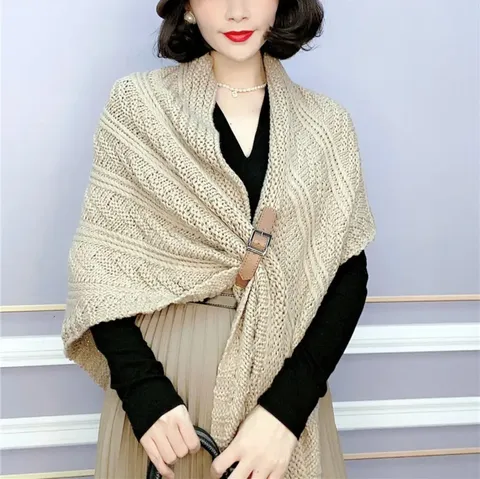 Women Knitted Triangle Shawl Wrap Leather Buckle Split Thickened Poncho Cape Autumn Winter Warm Elegant Solid Color Soft Scarf