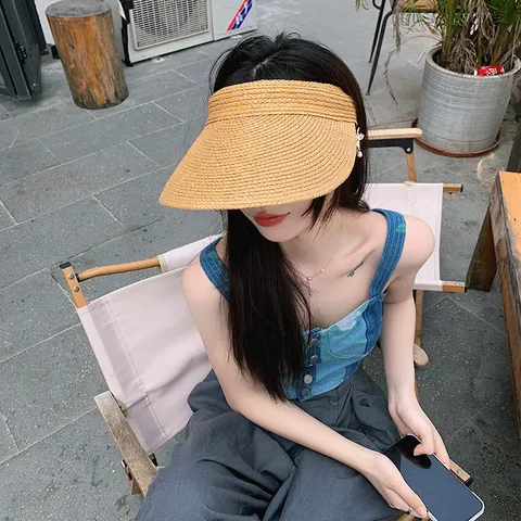 Women Raffia Empty Top Sun Hat Wide Brim UV Protection Hand Woven Summer Beach Visor Foldable Casual Fashion Straw Hat