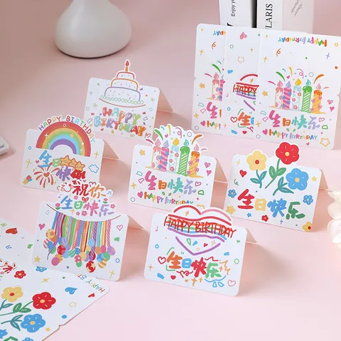 Hand-Drawn Illustration Birthday Pop-Up Greeting Card Ins Minimalist Oil Painting Style Cake Rainbow Message Gift Card For Party Bakery Flower Shop Decor