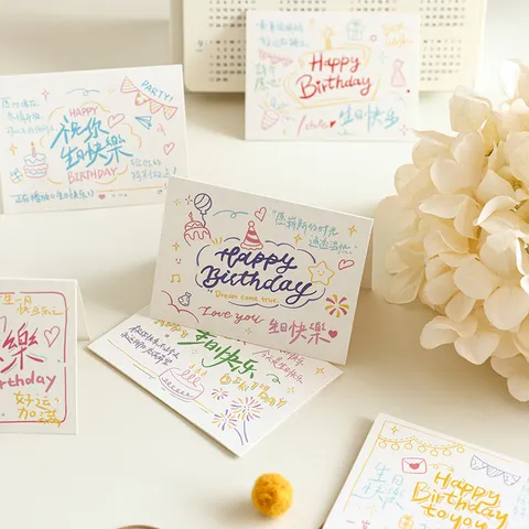 Happy Birthday Greeting Cards Handwritten Minimalist Cardstock Gift Cards For Flower Shop Bakery Birthday Party Messages Blessing Cards